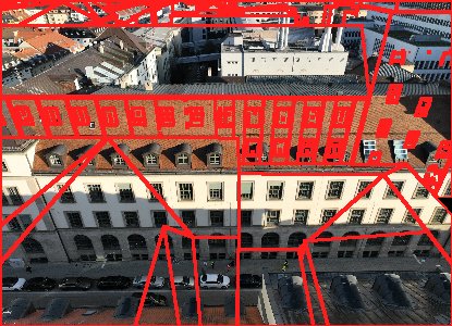 LoD edges overlaid on the UAV photograph at the initial pose
